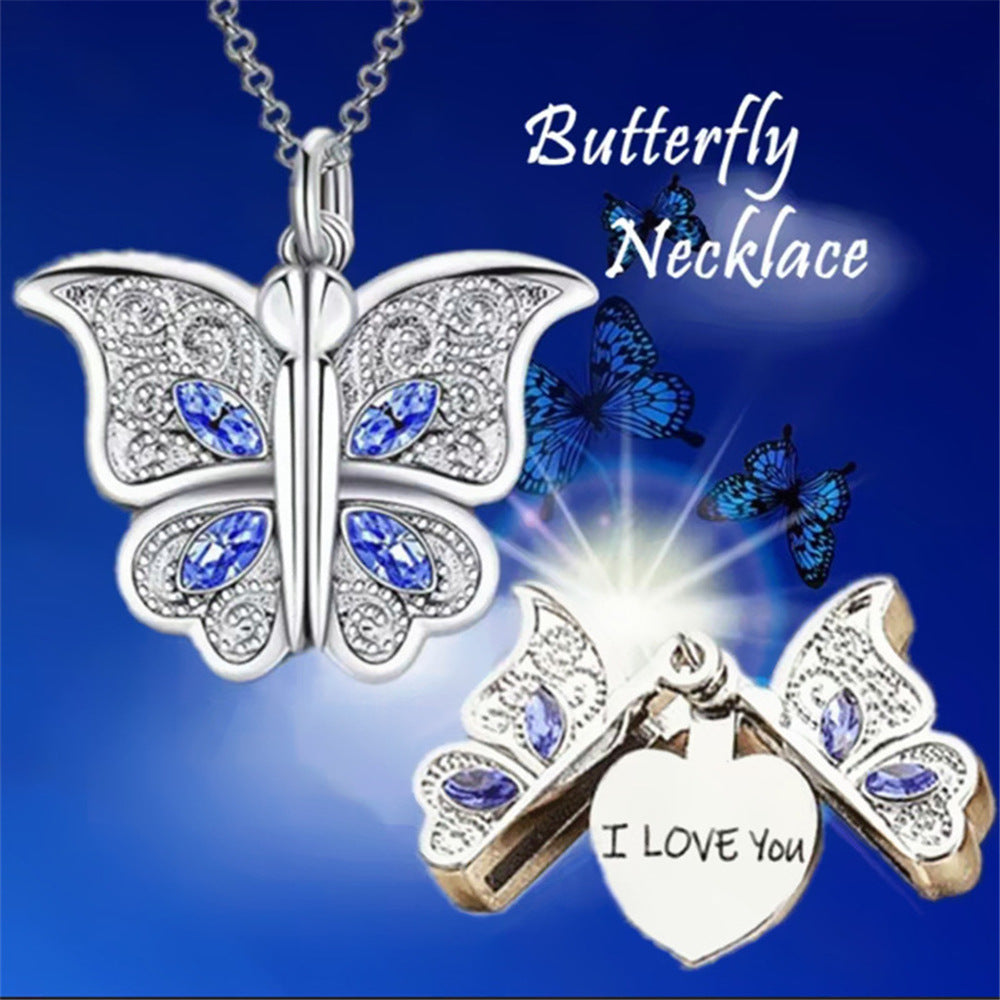 New diamond butterfly heart necklace for women, openable I Love You heart-shaped pendant necklace