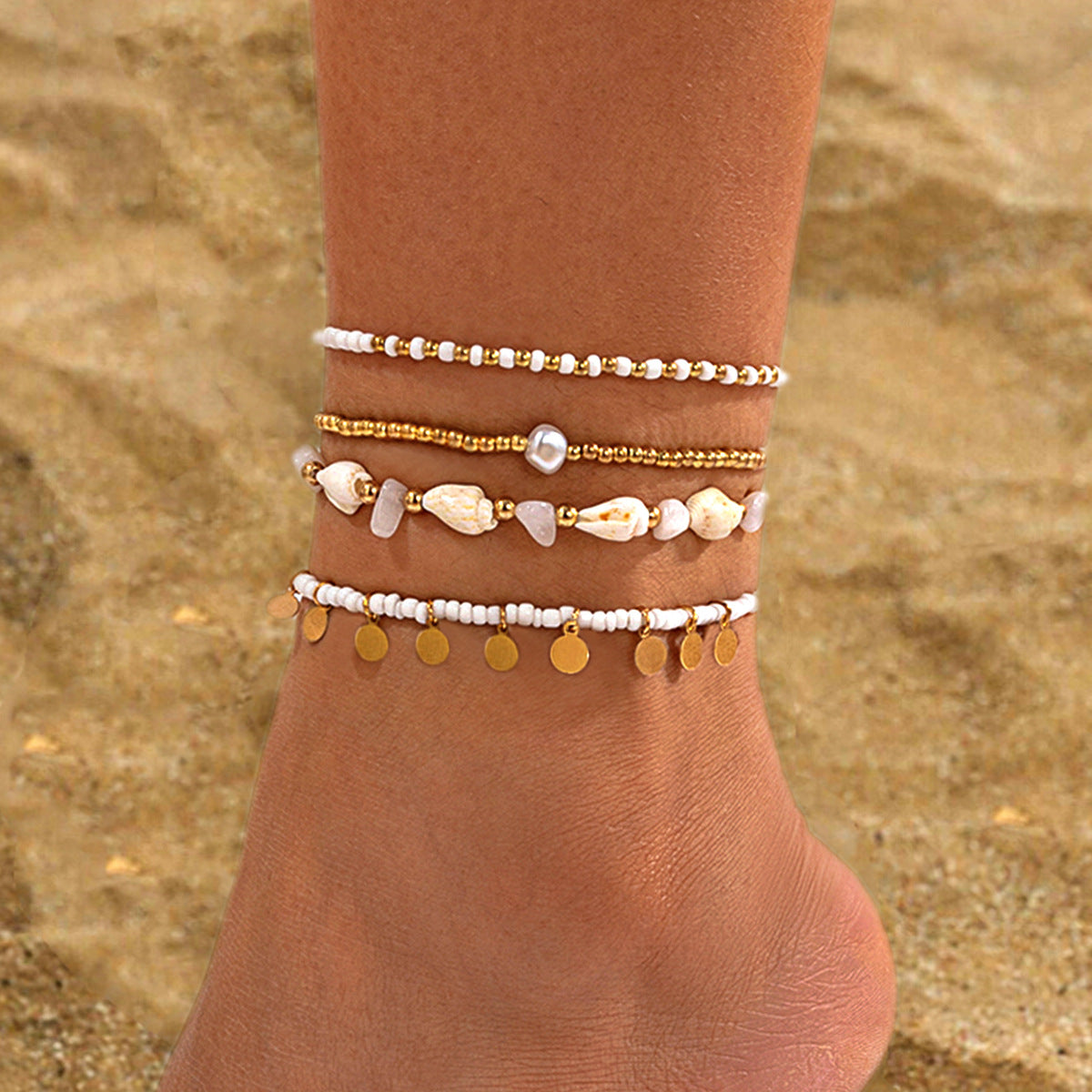 Leisure style beach circular rice bead foot ring 3-piece set, water droplet coin acrylic foot chain