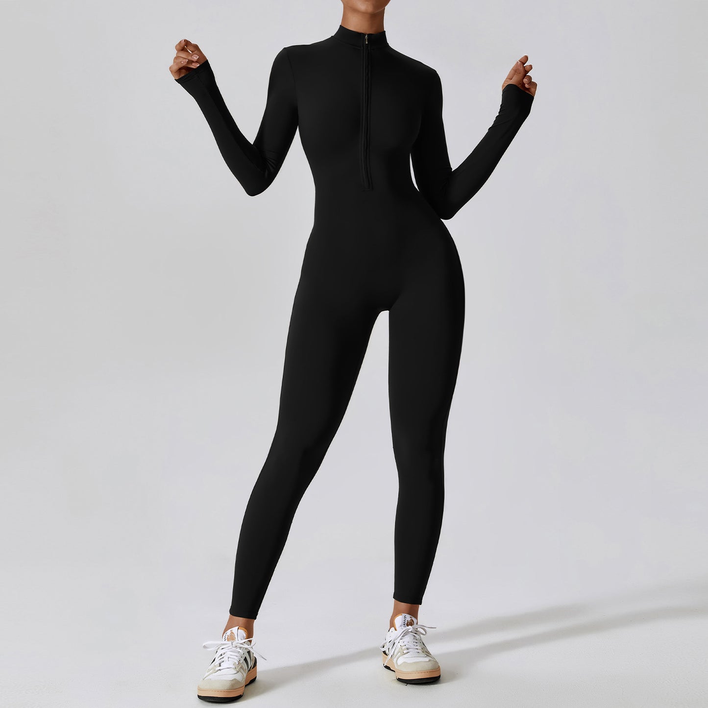 Zipper nude long sleeved yoga jumpsuit, high-intensity fitness sports jumpsuit, tight fitting bodysuit