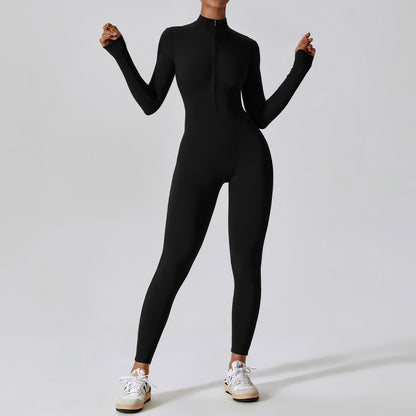 Zipper nude long sleeved yoga jumpsuit, high-intensity fitness sports jumpsuit, tight fitting bodysuit