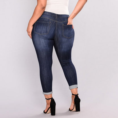 Plus Size High Elastic Hole Jeans Women's True Denim Skinny Distressed Jean