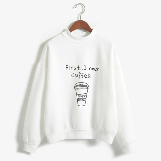 Autumn Winter Women Harajuku Hoodies Kawaii I Need Coffee Letter Print Sweatshirt