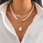 Ins metal circular pendant collarbone chain irregular bead pearl multi-layer necklace