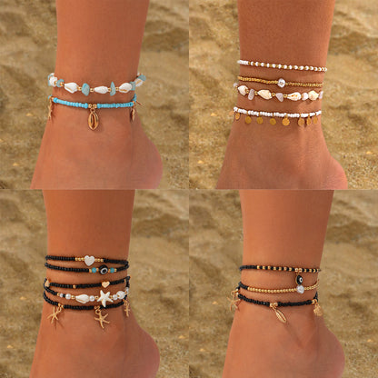 Leisure style beach circular rice bead foot ring 3-piece set, water droplet coin acrylic foot chain