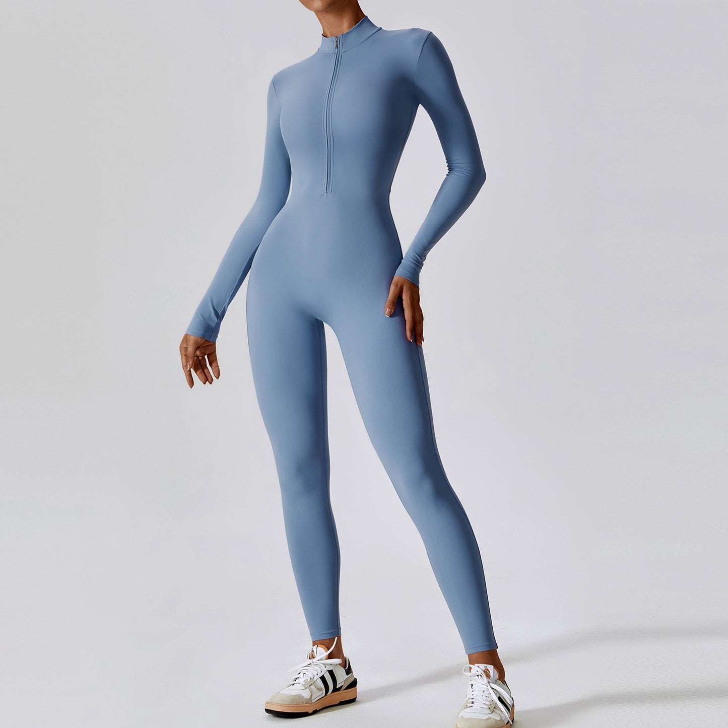 Zipper nude long sleeved yoga jumpsuit, high-intensity fitness sports jumpsuit, tight fitting bodysuit