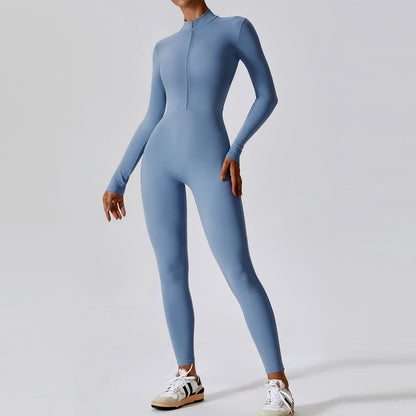 Zipper nude long sleeved yoga jumpsuit, high-intensity fitness sports jumpsuit, tight fitting bodysuit