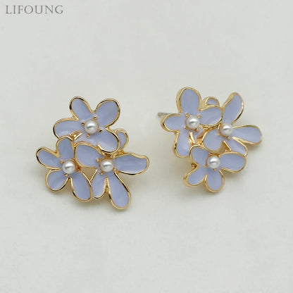 Metal Flower Enamel Petal Post Earrings For Women Imitation Pearl Fashion Jewelry Cute Party Accessories Romantic Gifts