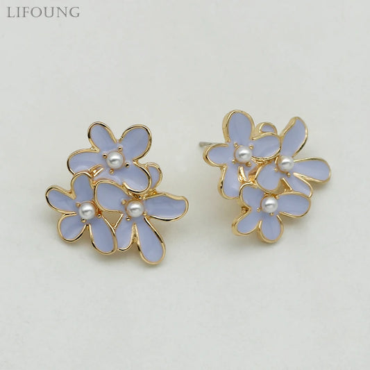 Metal Flower Enamel Petal Post Earrings For Women Imitation Pearl Fashion Jewelry Cute Party Accessories Romantic Gifts