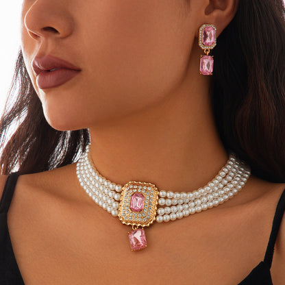 Fashionable imitation pearl necklace set, light luxury geometric alloy multi-layer clavicle chain