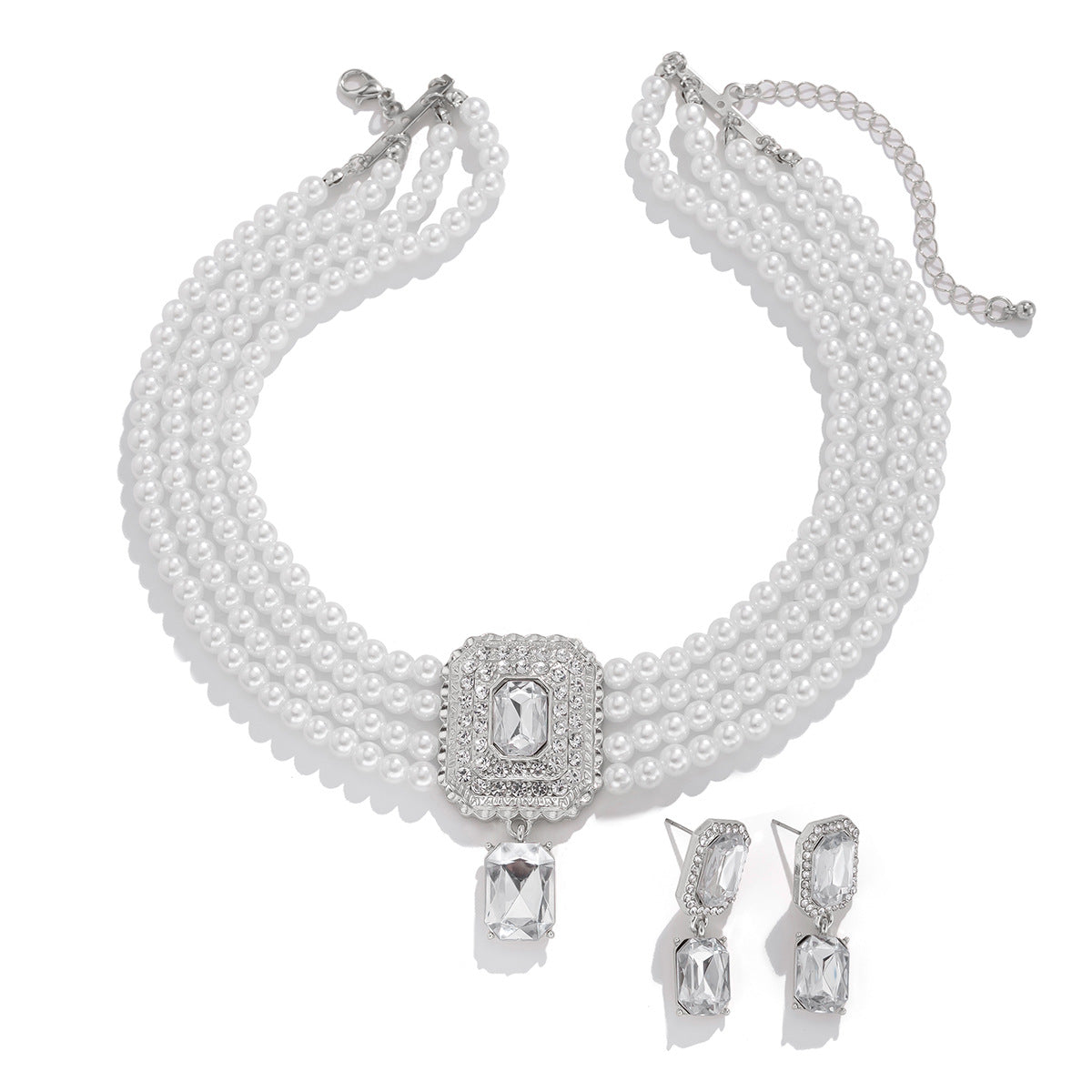 Fashionable imitation pearl necklace set, light luxury geometric alloy multi-layer clavicle chain