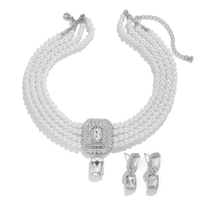 Fashionable imitation pearl necklace set, light luxury geometric alloy multi-layer clavicle chain
