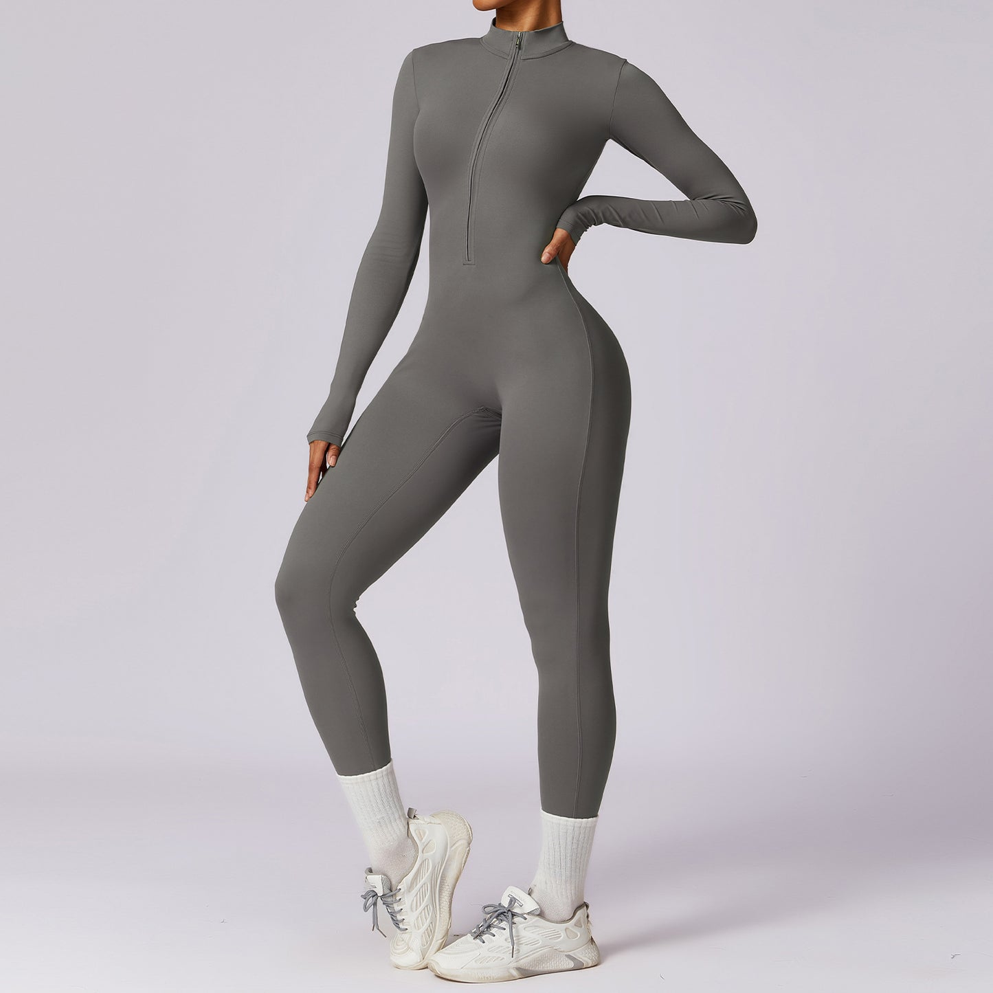 Zipper nude long sleeved yoga jumpsuit, high-intensity fitness sports jumpsuit, tight fitting bodysuit