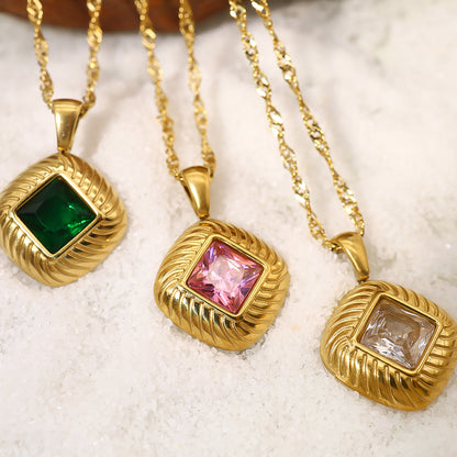 INS style 18k gold Fried Dough Twists texture inlaid emerald zircon pendant necklace titanium steel does not fall  Color collarbone chain