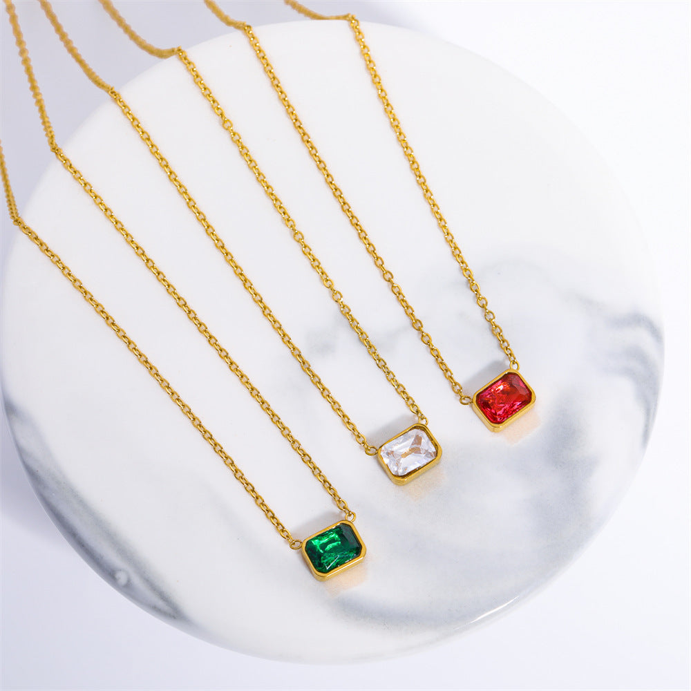 Titanium steel simple high color preservation square zircon tricolor pendant necklace