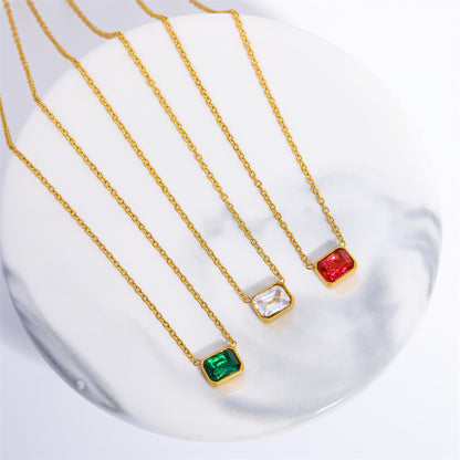 Titanium steel simple high color preservation square zircon tricolor pendant necklace