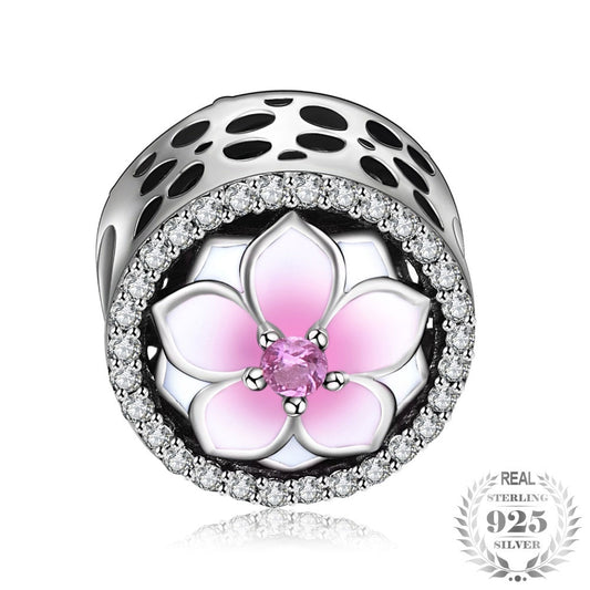 Jewelrypalace 925 Sterling Silver  Magnolia Blossom Pink Murano Glass Beads Charms Fit Bracelets