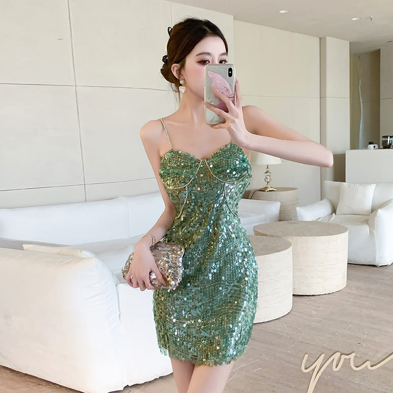 Heavy industry rhinestone sequin sweet and spicy dress dress