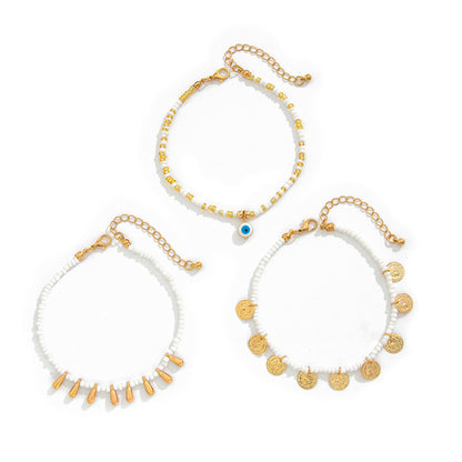 Leisure style beach circular rice bead foot ring 3-piece set, water droplet coin acrylic foot chain