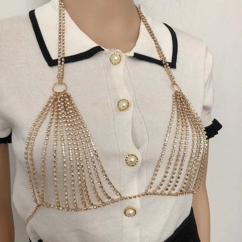 European and American jewelry sexy diamond studded chest chain beach nightclub queen bikini rhinestone chest chain women's body chain