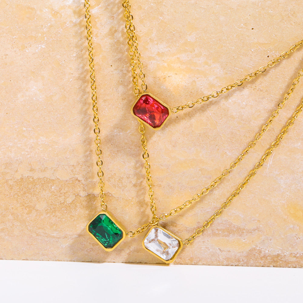 Titanium steel simple high color preservation square zircon tricolor pendant necklace