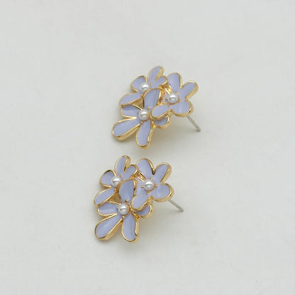 Metal Flower Enamel Petal Post Earrings For Women Imitation Pearl Fashion Jewelry Cute Party Accessories Romantic Gifts