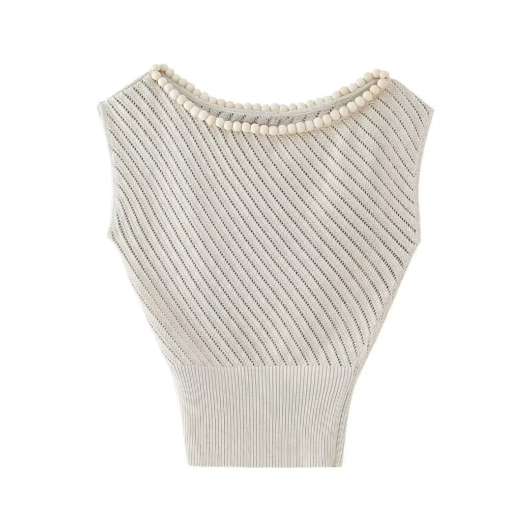 Fashion ball decoration jacquard mesh round neck knitted top