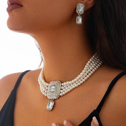 Fashionable imitation pearl necklace set, light luxury geometric alloy multi-layer clavicle chain